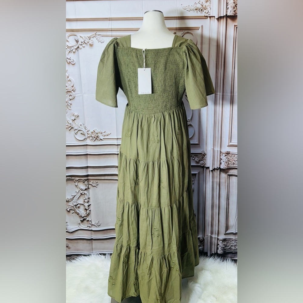 Olive Tiered V-Neck Maxi Dress with Flutter Sleeves - Picture 5 of 8